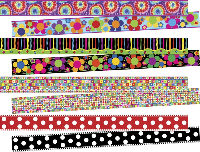 Barker Creek Tie-Dye, Neon Stripe, Retro And Red & White Dot In The Groove Trimmer, 3 X 35 Inches, Set Of 4 3 Barker Creek Tie-Dye, Neon Stripe, Retro And Red & White Dot In The Groove Trimmer, 3 X 35 Inches, Set Of 4